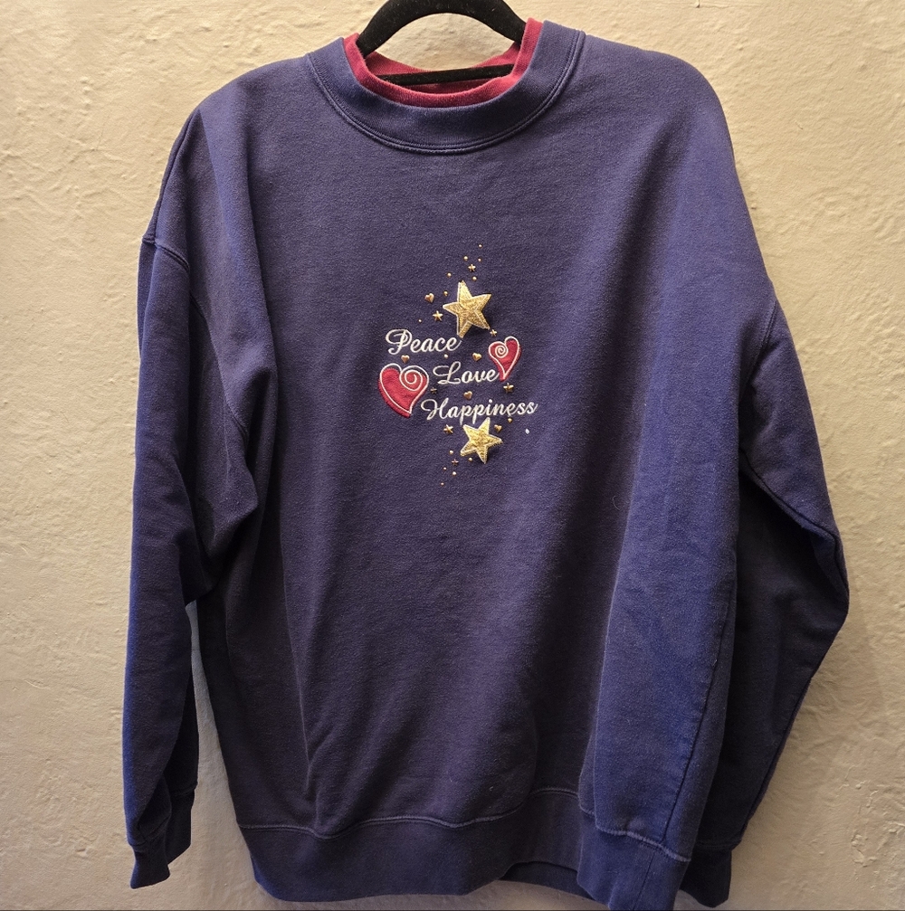 Vintage Peace Love Happiness Embroidered Sweatshirt Navy Cottagecore Large